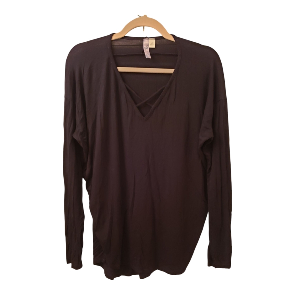 Black Criss Cross V Neck Long Sleeve Top - Size Small, Stretch Comfort, Classic